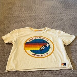 Aviator Nation Tee—Cream Venice CA Rainbow/Surfer Logo Tee